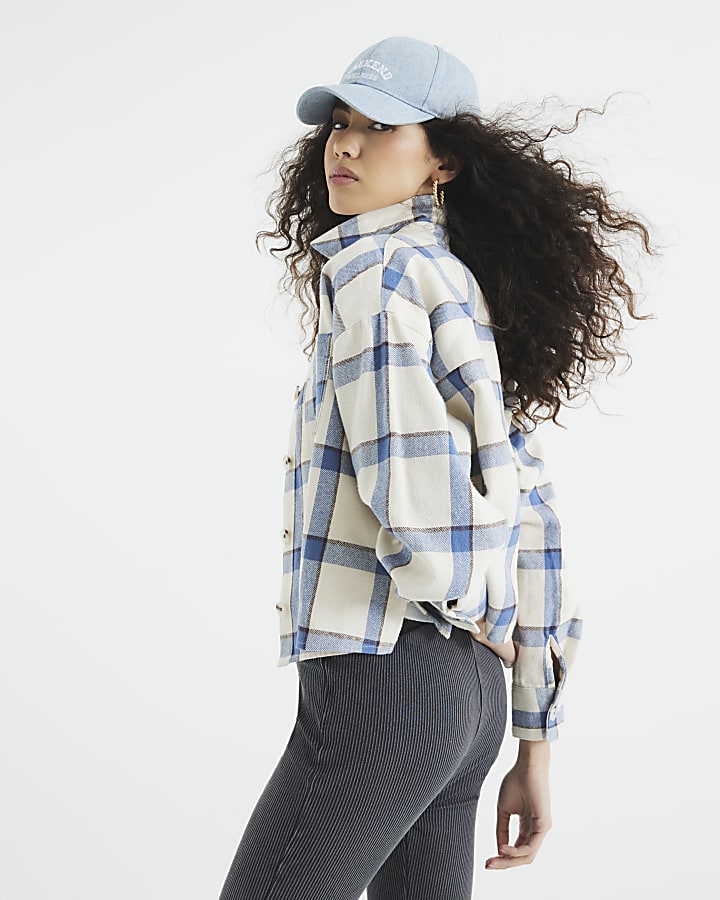 Cream Cropped Check Shirt