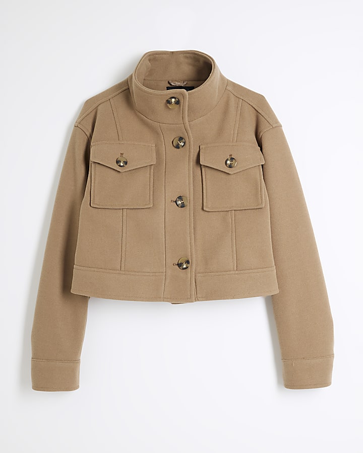 Brown Funnel Neck Cropped Jacket