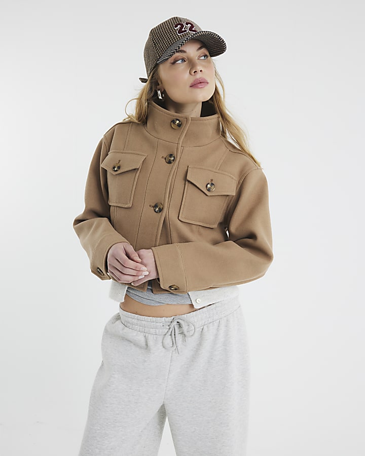 Brown Funnel Neck Cropped Jacket