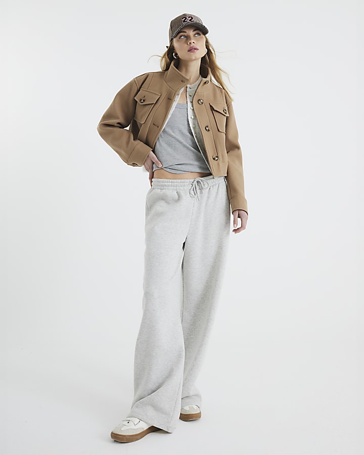 Brown Funnel Neck Cropped Jacket