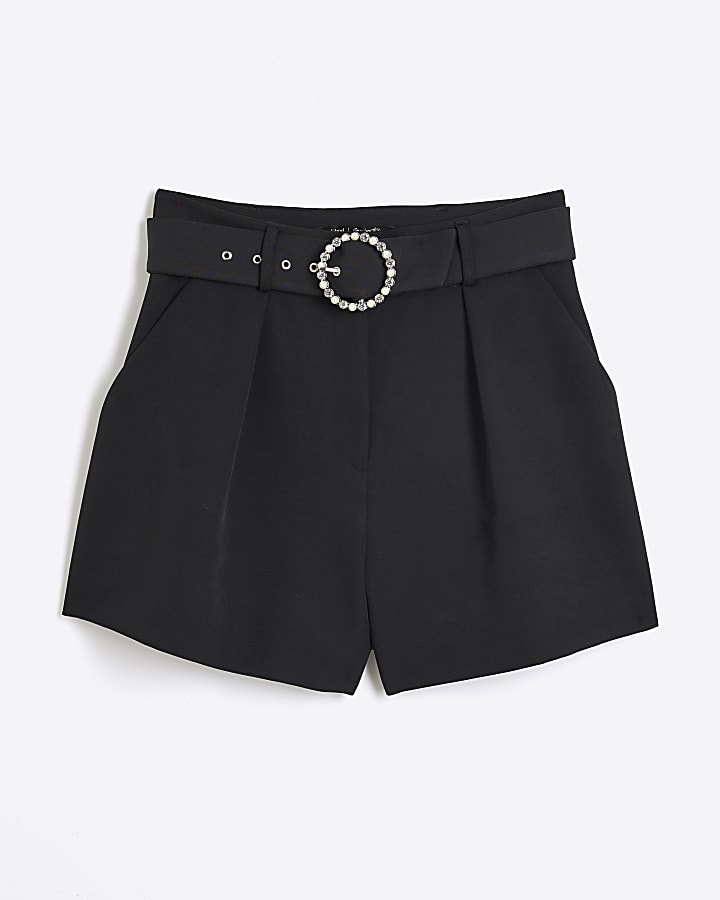 Black Diamante Buckle Structured Shorts