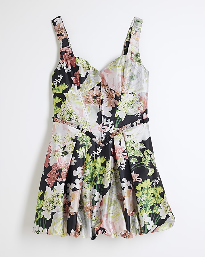 Petite Black Floral Bubble Hem Mini Dress