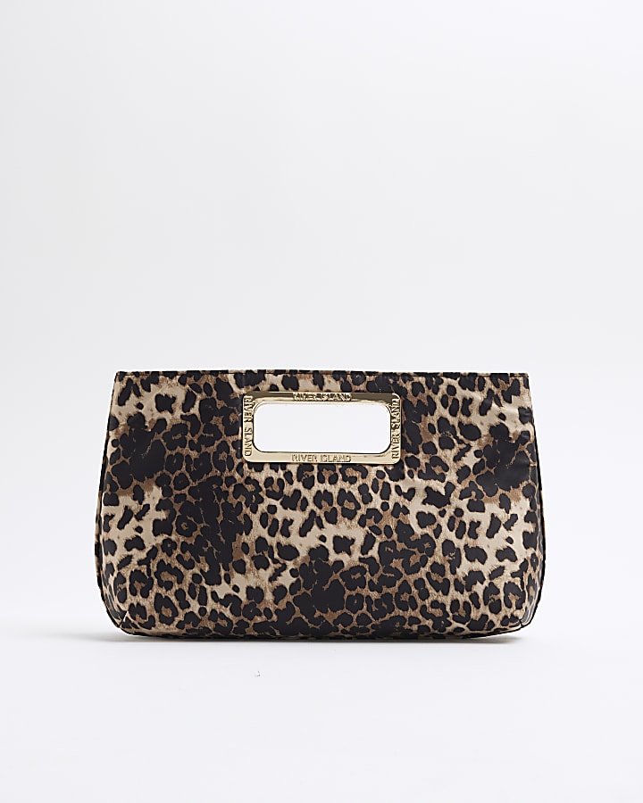 Beige Satin Leopard Clutch Bag