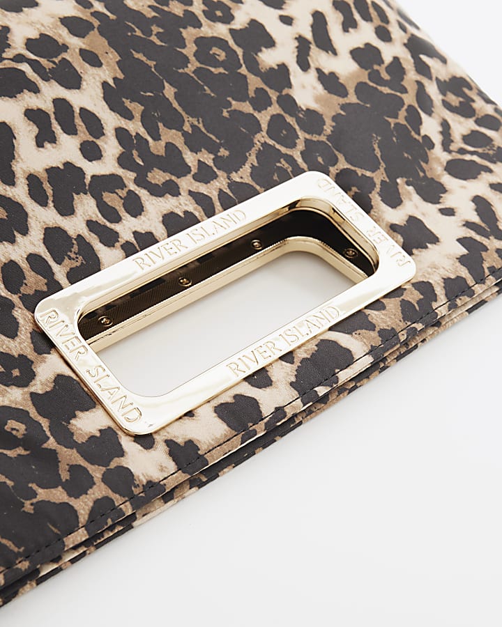 Beige Satin Leopard Clutch Bag