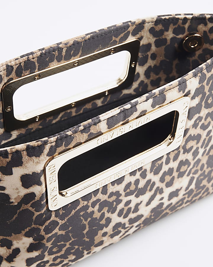 Beige Satin Leopard Clutch Bag