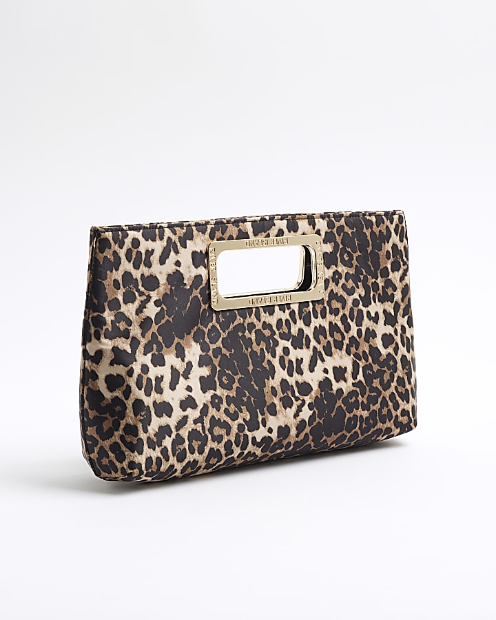 Beige Satin Leopard Clutch Bag