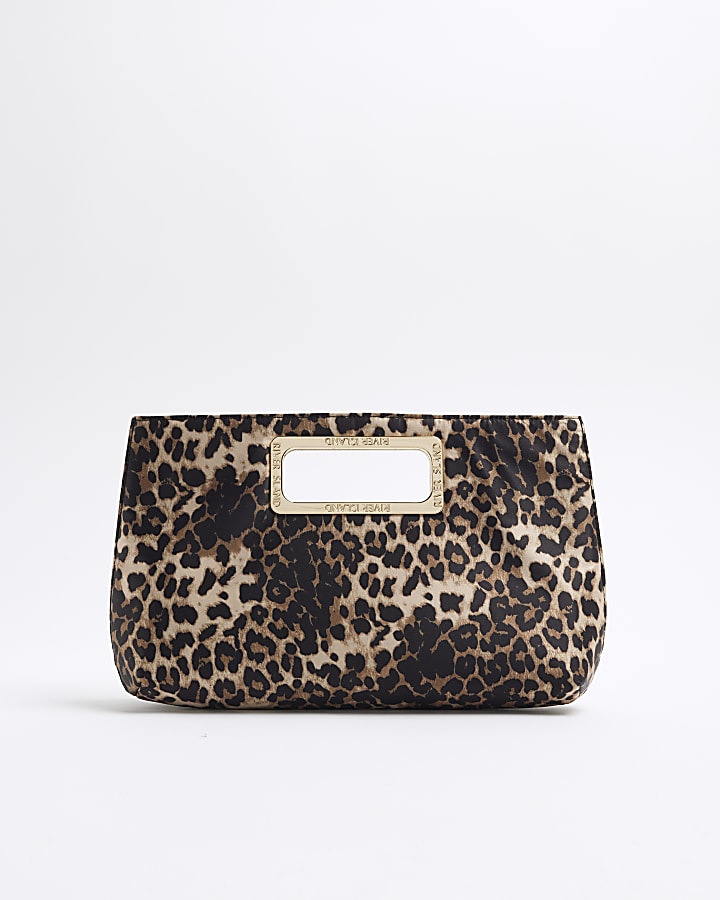 Beige Satin Leopard Clutch Bag