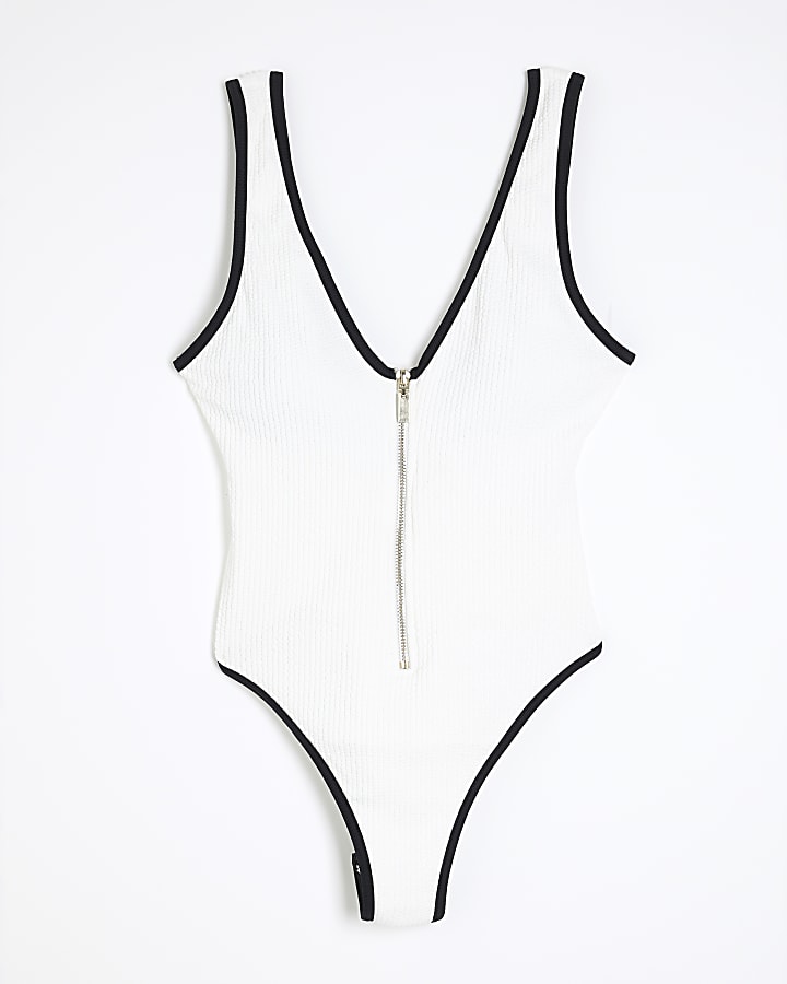 White Zip Textured Swimsuit