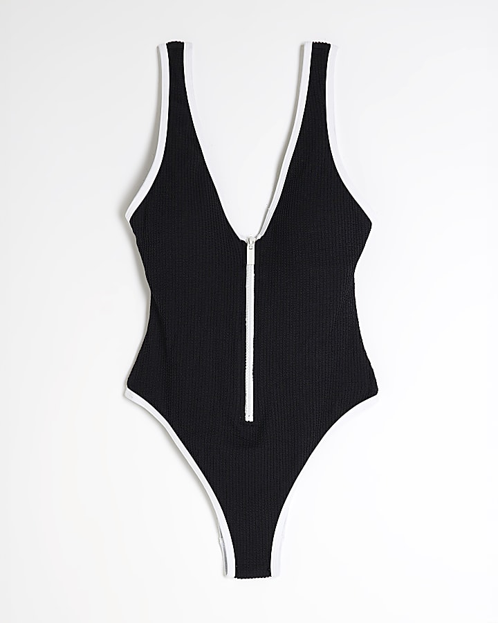 Black Zip Textured Swimsuit