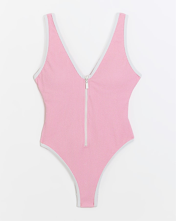 Pink Zipped Textured Swimsuit