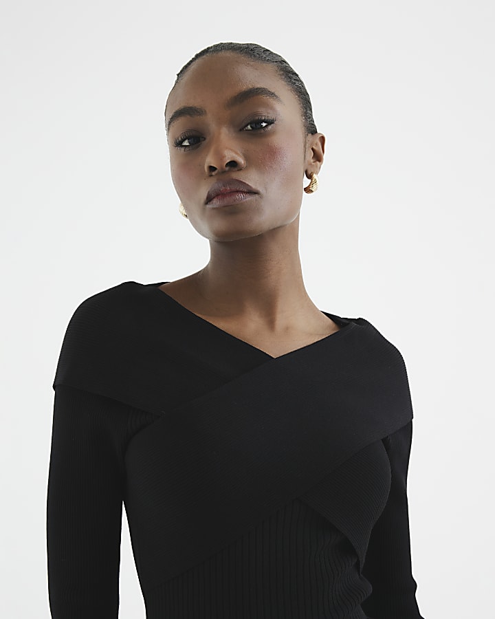 Black Knitted Wrap Fitted Top