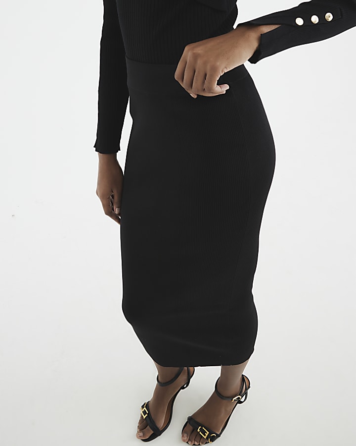 Black Knit Pencil Midi Skirt