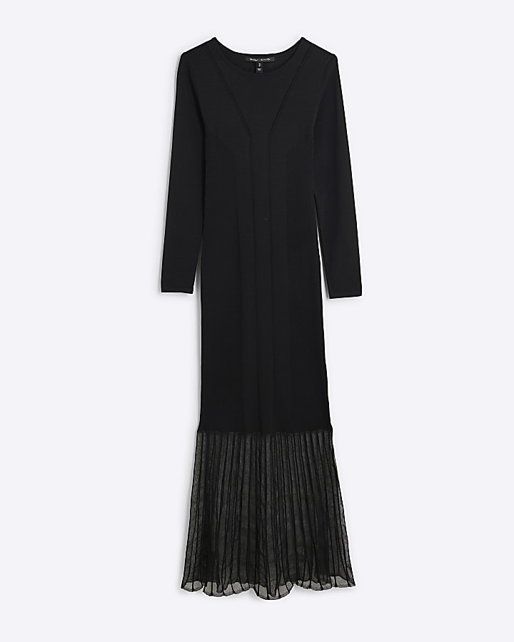 Black Mesh Detail Long Sleeve Maxi Dress