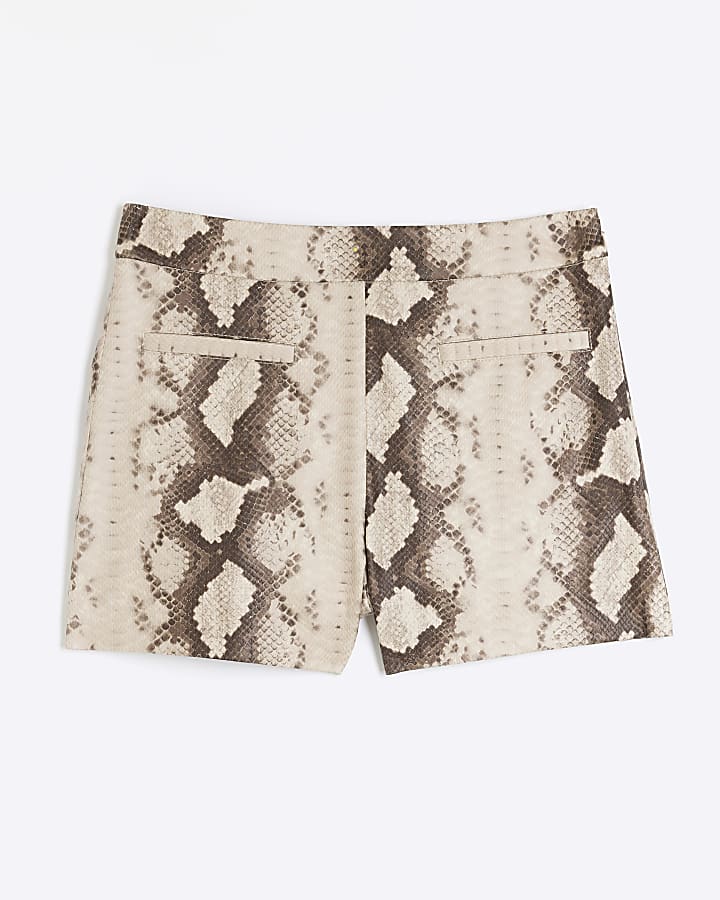 Beige Snake Print Faux Leather Shorts