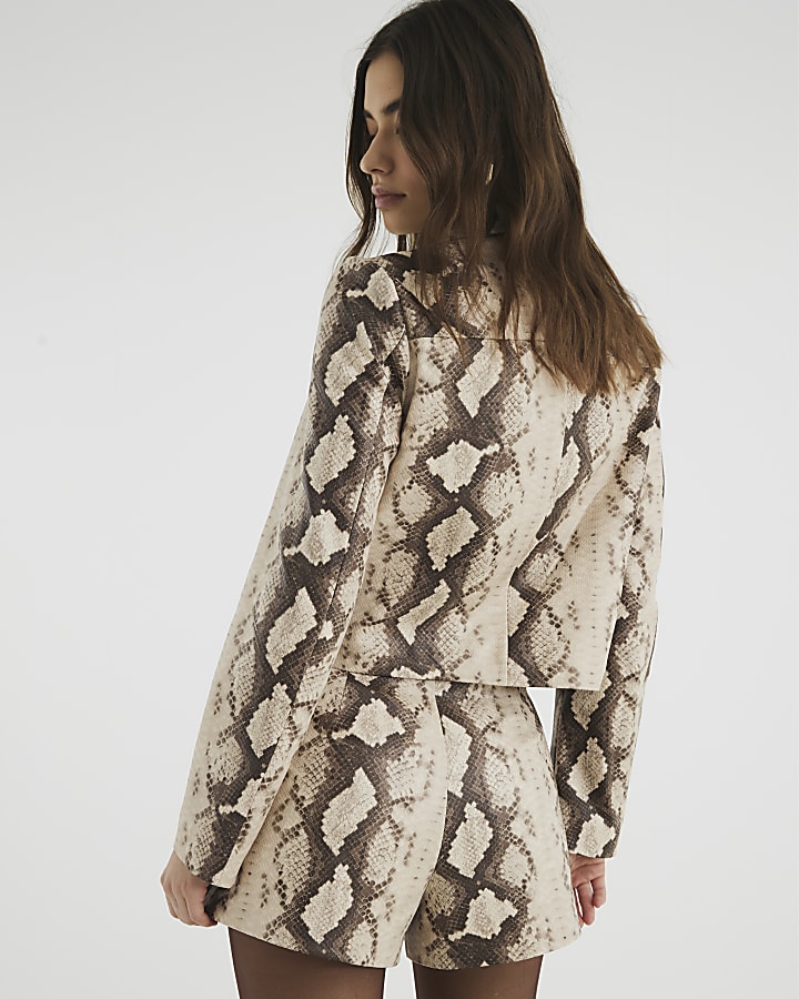 Beige Snake Print Faux Leather Jacket