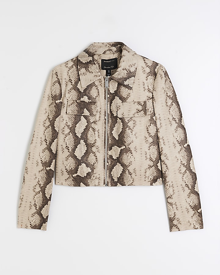 Beige Snake Print Faux Leather Jacket