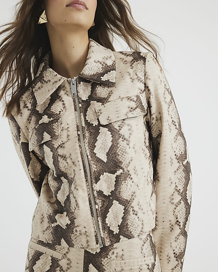 Beige Snake Print Faux Leather Jacket