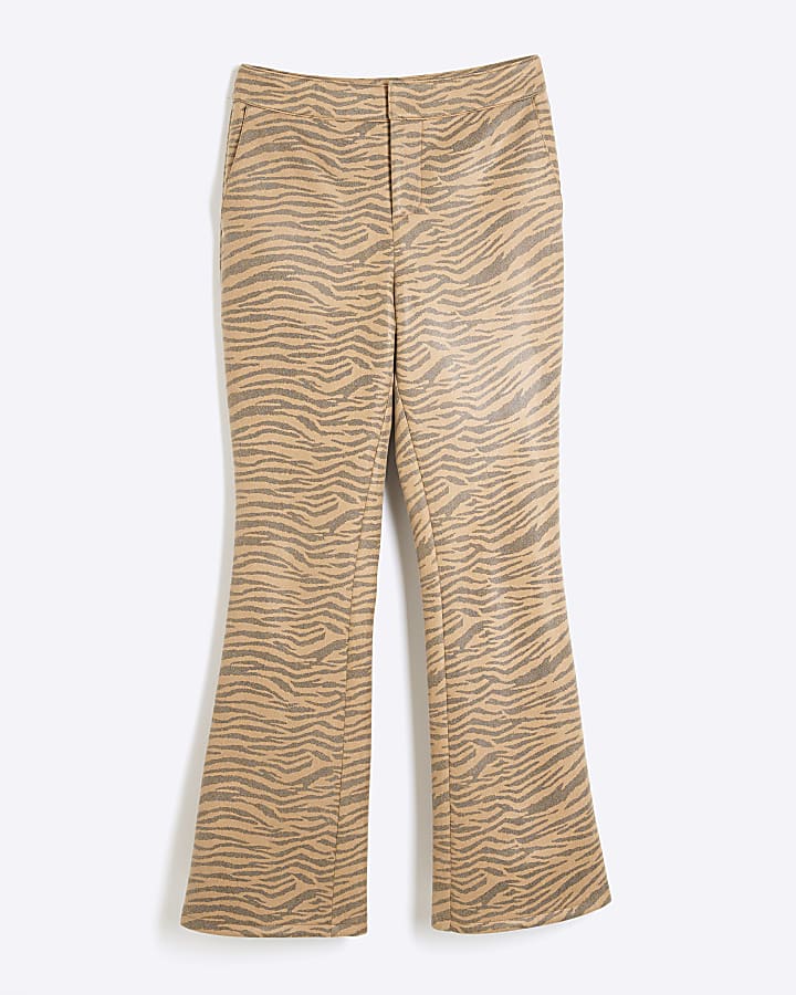 Beige Faux Leather Tiger Bootcut Trousers