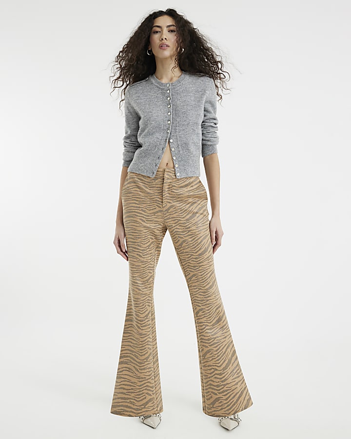 Beige Faux Leather Tiger Boot Leg Trousers