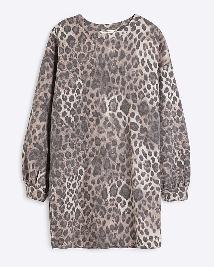 Petite Brown Leopard Mini Sweatshirt Dress