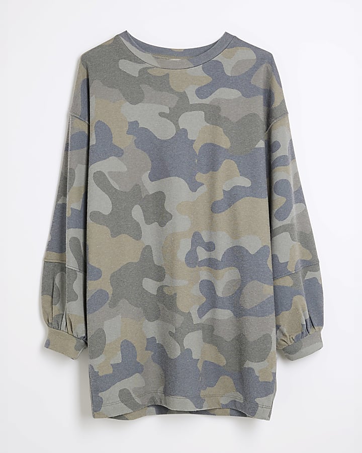 Petite Khaki Camouflage Mini Sweatshirt Dress