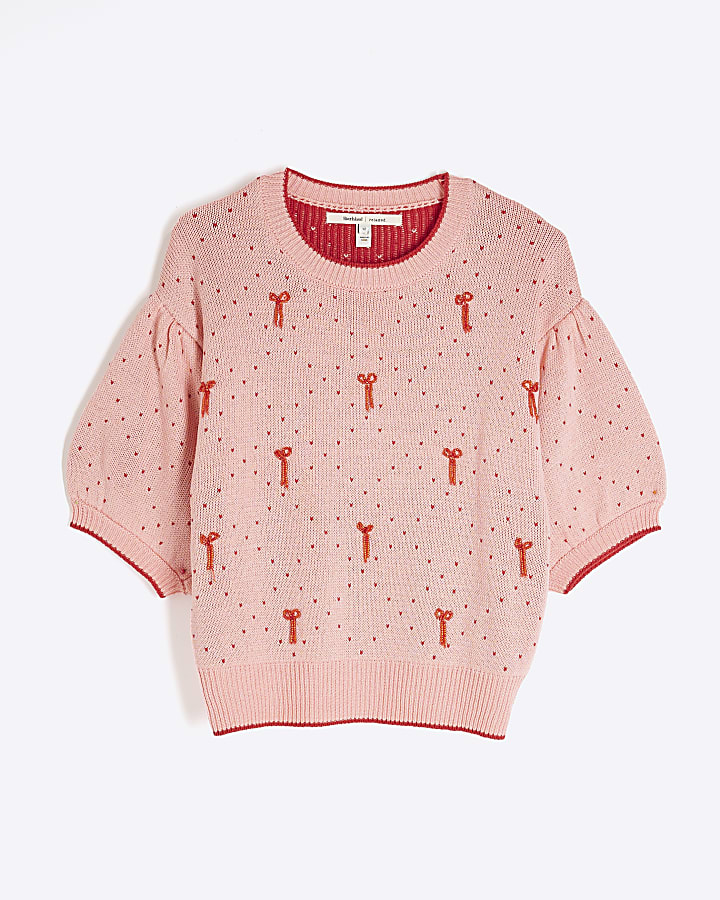 Pink Puff Sleeve Knitted Bow Top