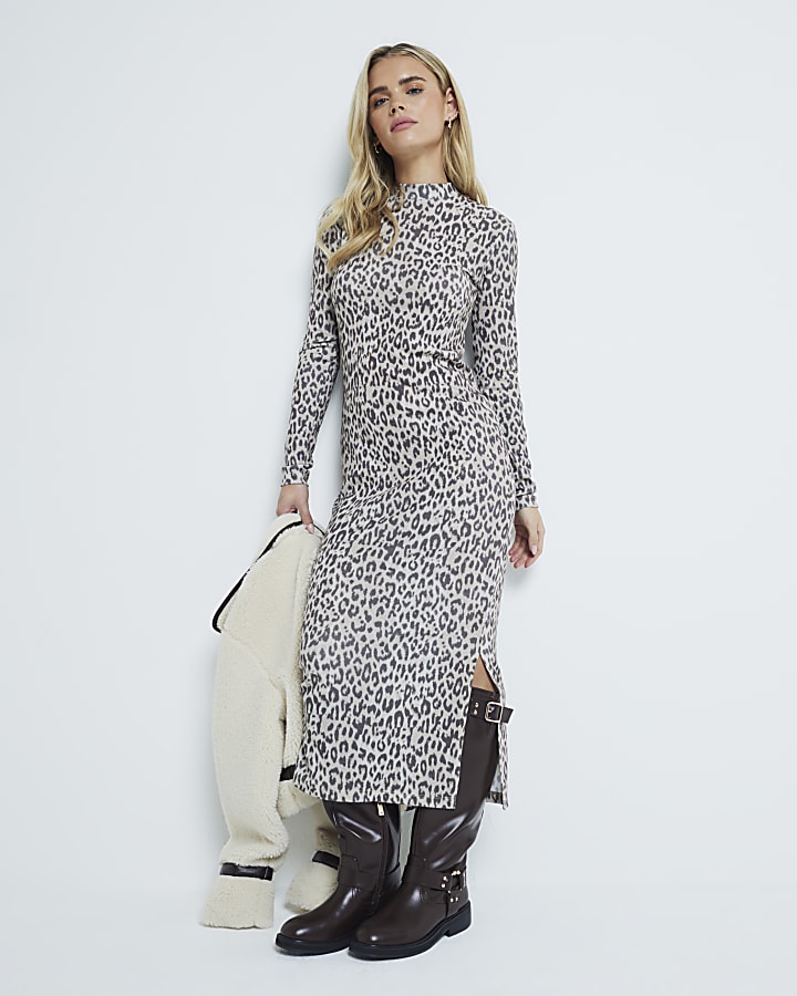 Petite Brown Long Sleeve Leopard Midi Dress