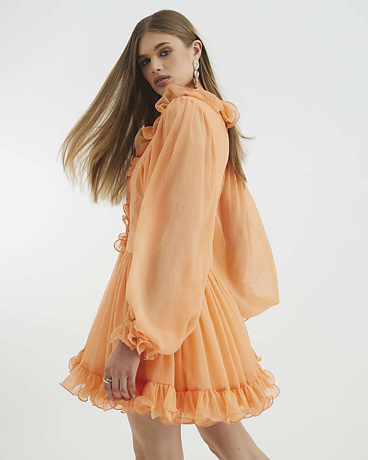 Coral Long Sleeve Ruffle Mini Dress