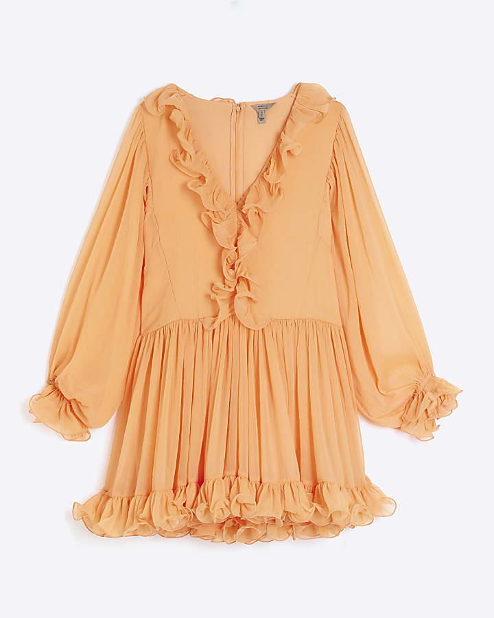 Coral Long Sleeve Ruffle Mini Dress