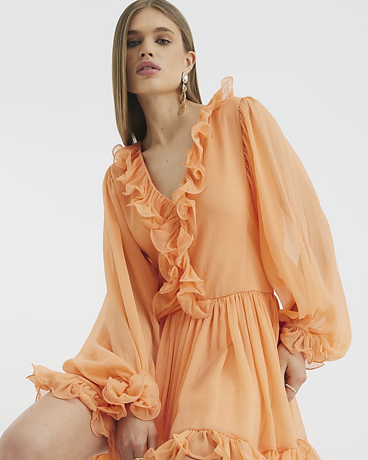 Coral Long Sleeve Ruffle Mini Dress