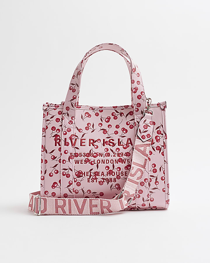 Pink Faux Leather Cherry Embossed Tote