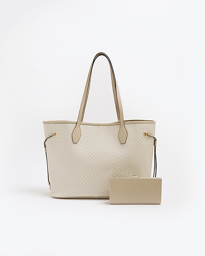 Beige Monogram Side Tie Shopper Bag Bundle