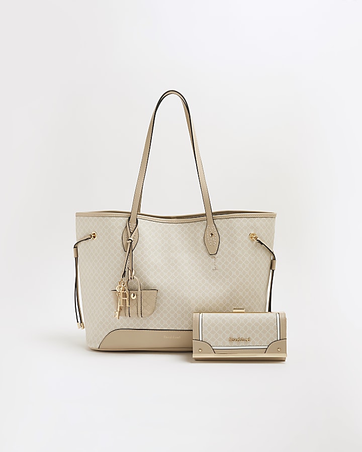 Beige Monogram Side Tie Shopper Bag Bundle