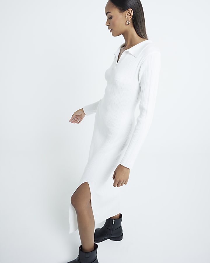 Cream Long Sleeve Knit Collared Midi Dress