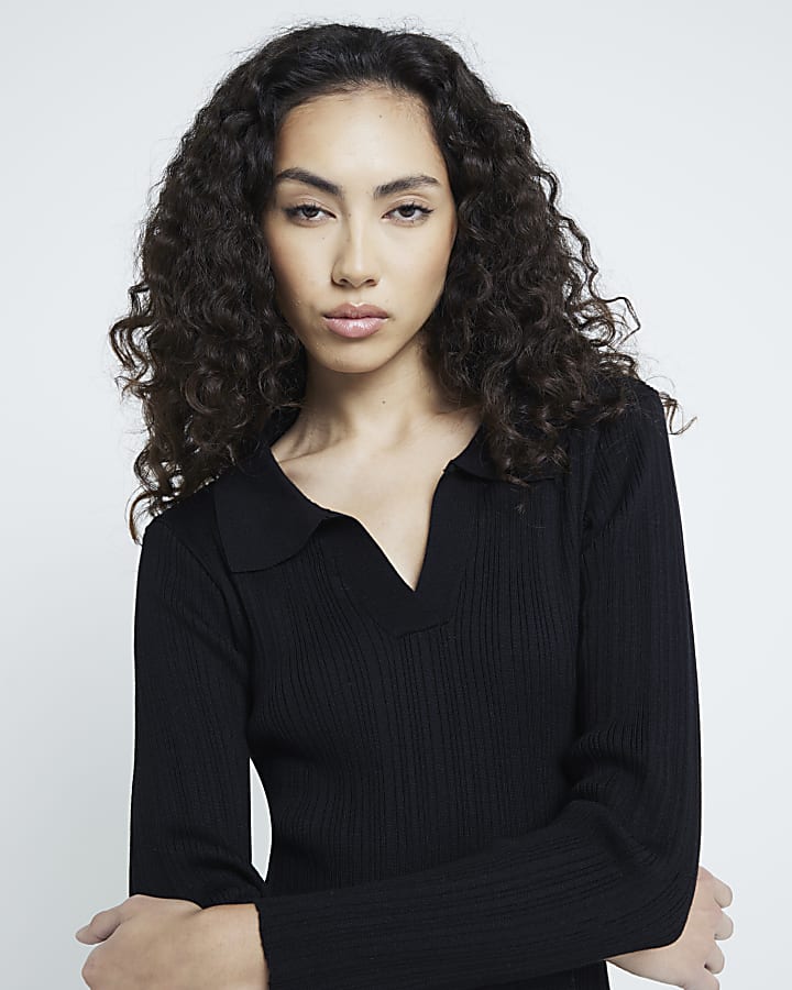 Black Notched Neck Knit Midi Dress