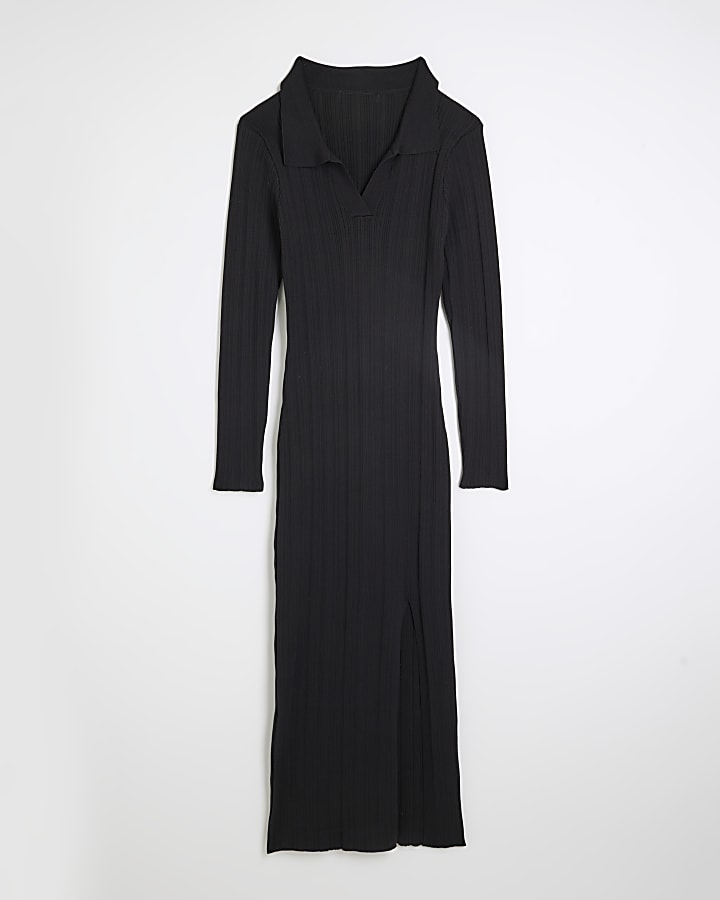 Black Notched Neck Knit Midi Dress