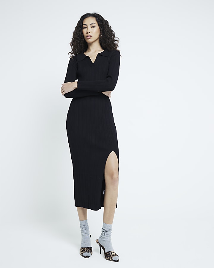 Black Notched Neck Knit Midi Dress