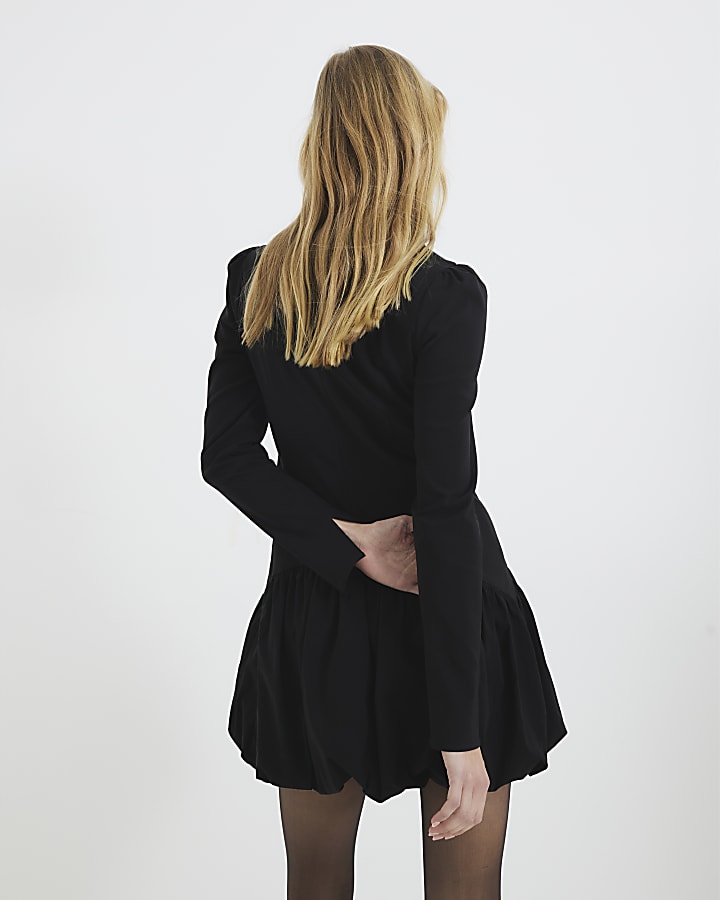 Black Long Sleeve Bubble Hem Mini Dress