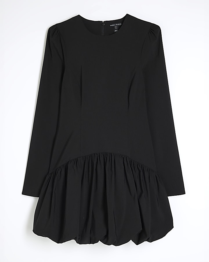 Black Long Sleeve Bubble Hem Mini Dress