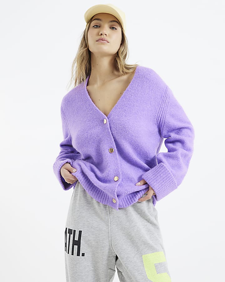 Purple Mid Length Button Cardigan