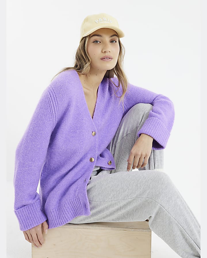 Purple Mid Length Button Cardigan