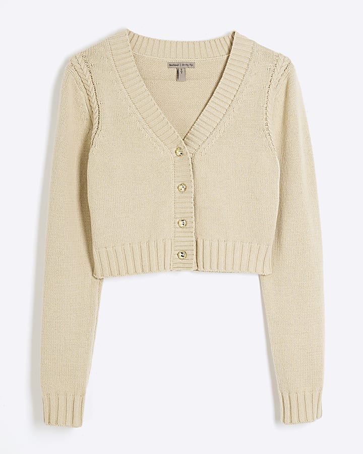 Beige Cropped V Neck Cardigan