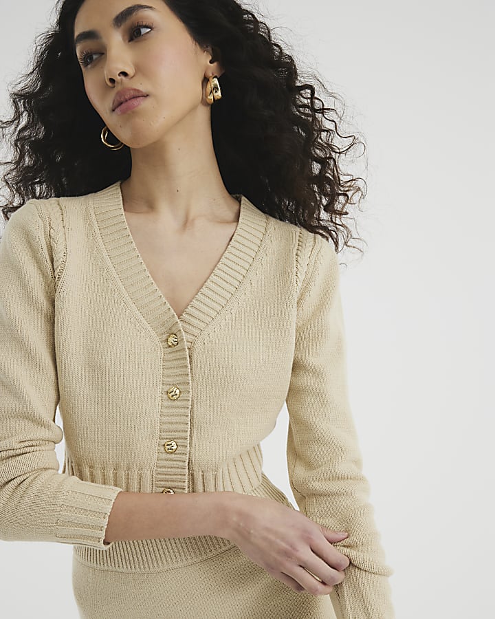 Beige Cropped V Neck Cardigan