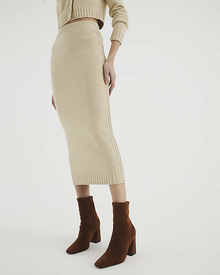 Beige Knitted Midi Skirt