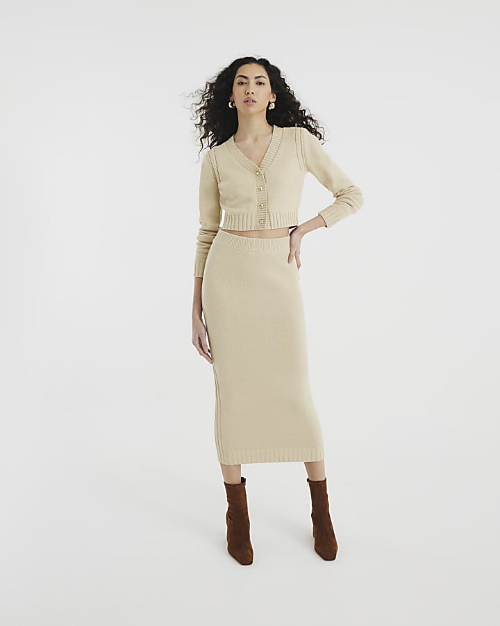 Beige Knitted Midi Skirt