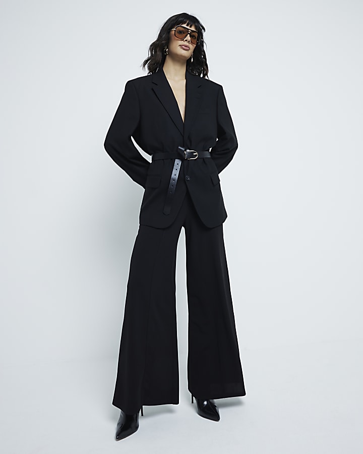 Black Wide Leg Pintuck Trousers