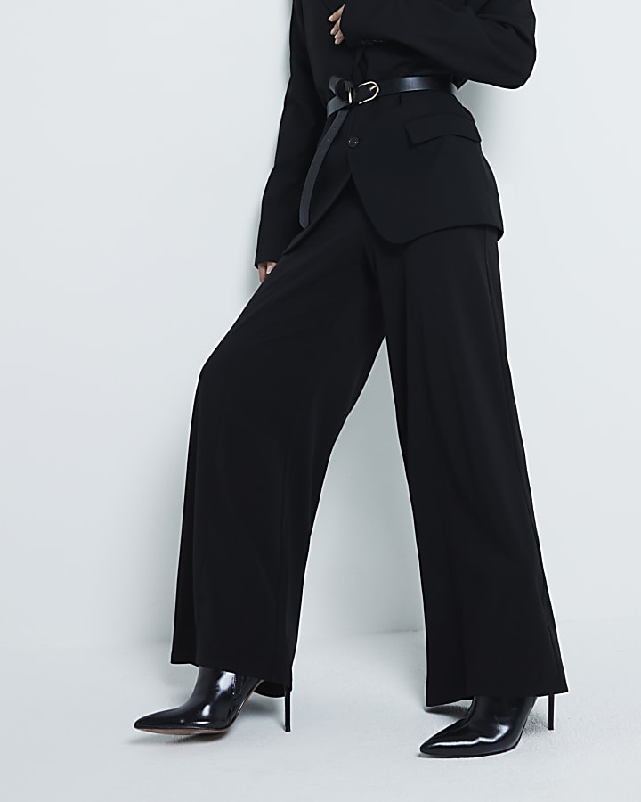 Black Wide Leg Pintuck Trousers