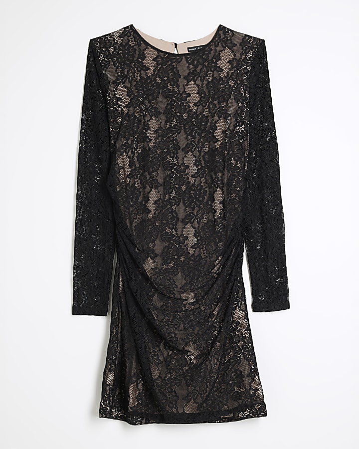 Black shoulder pad lace mini dress