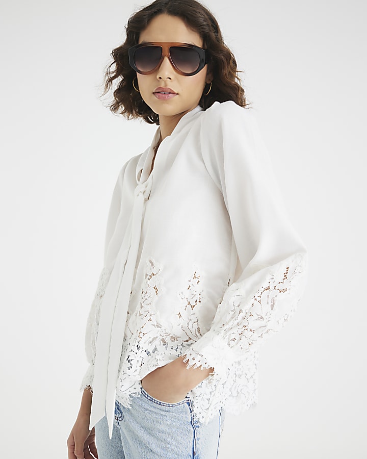 White long sleeve lace trim pussybow blouse