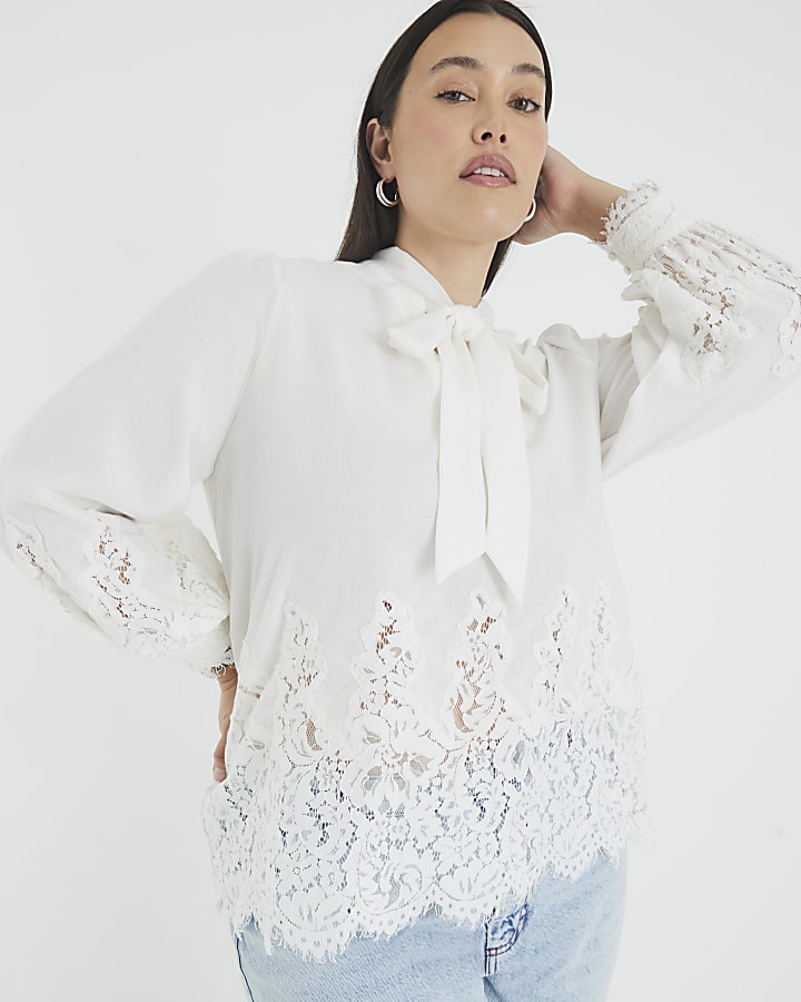 White long sleeve lace trim pussybow blouse